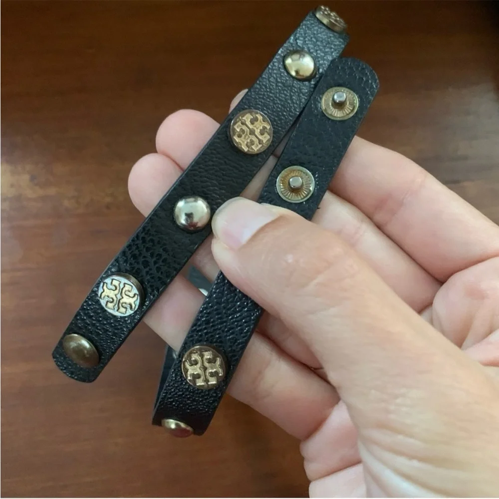 Tony Burch Double Wrap Logo Stud Bracelet Black Leather Gold Tone